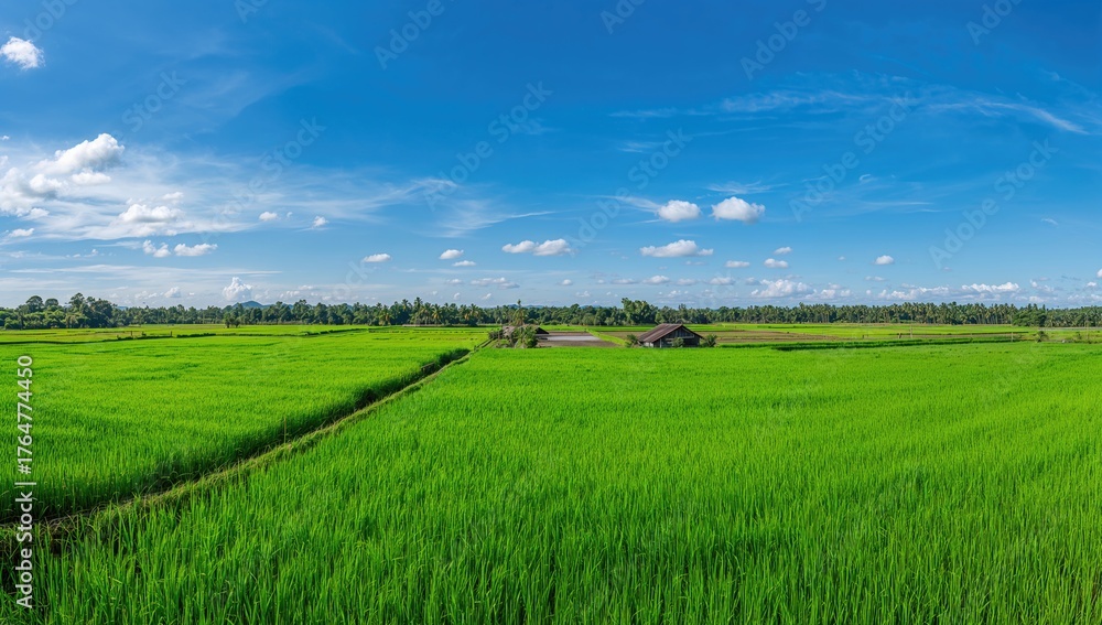 Naklejka premium The rice paddies are ripe and ready for harvesting beneath a clear blue sky. Farming and agricultural theme.