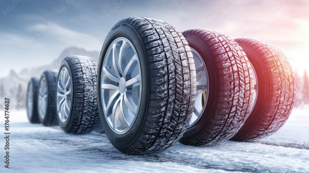 Obraz premium Winter Tire Set on Snowy Road with Stunning Background and Bright Sunlight Effect