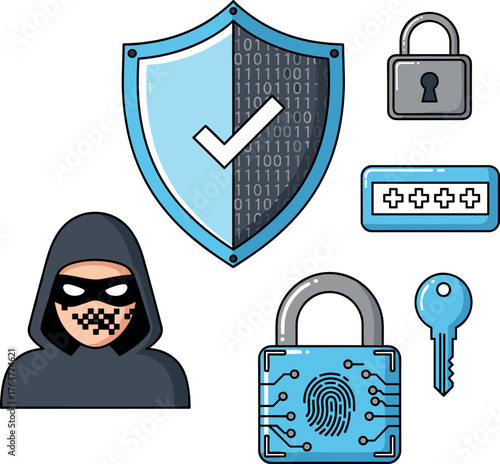 Cybersecurity icons: hacker, shield, locks, key, and password