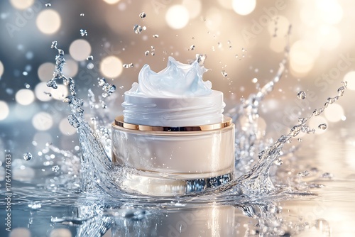 Luxury face cream with water splash on a blurred bokeh background © BiBi