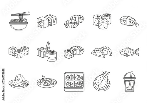 A collection of monochrome line art icons representing various popular Asian food dishes and drinks.