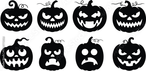 Collection of silhouetted jack o lanterns with scary and spooky faces