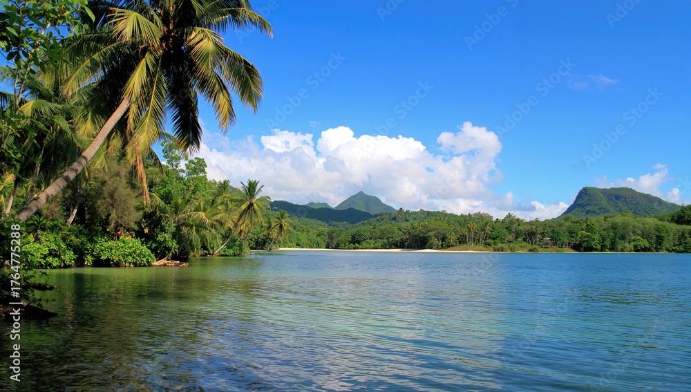 Obraz premium Tropical lake surrounded by palm trees on an island