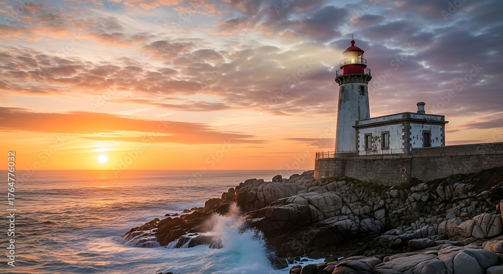 Naklejka premium Lighthouse on a rocky coast at sunset with vibrant orange sky and crashing waves over the ocean