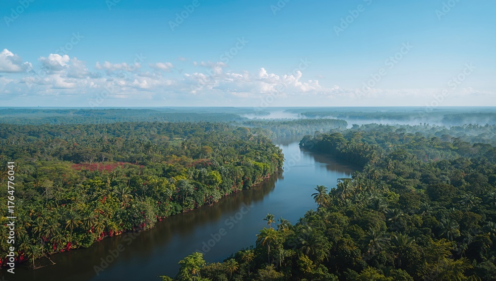 Naklejka premium Lush green trees lining a vast river beneath a clear blue sky