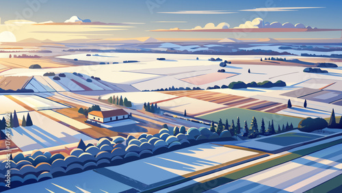  Very beautiful aerial view of snow-covered winter fields under a soft pale sky, showcasing calm patterns and natural geometry of frozen farmland bathed in gentle sunlight.