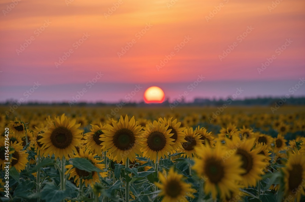 Obraz premium Golden Hour Over a Vast Sunflower Meadow