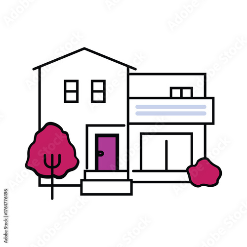 Simple drawing of a house with a pink door and shrubbery