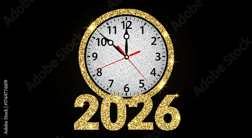 Glittering clock striking midnight with 2026 numbers