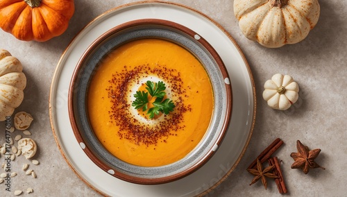 Creamy pumpkin soup garnish...