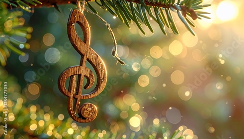 Wooden clef ornament suspended on a pine branch with captivating bokeh background and soft light