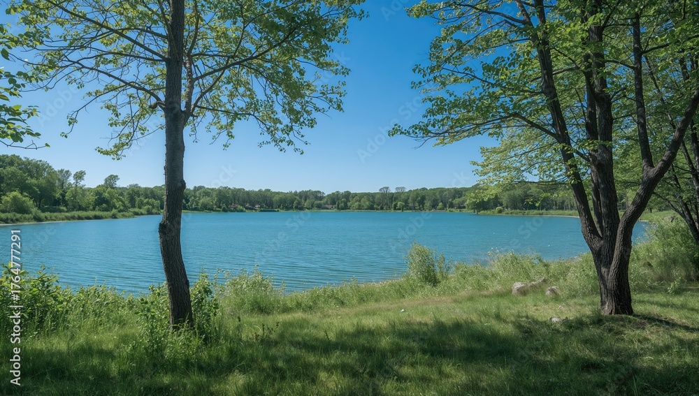 Obraz premium Scenic view of a tranquil lake framed by two trees in summer