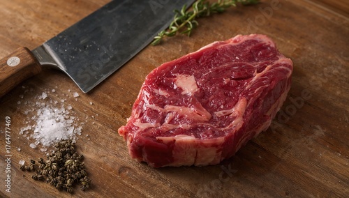 Raw beef rib eye steak on a...