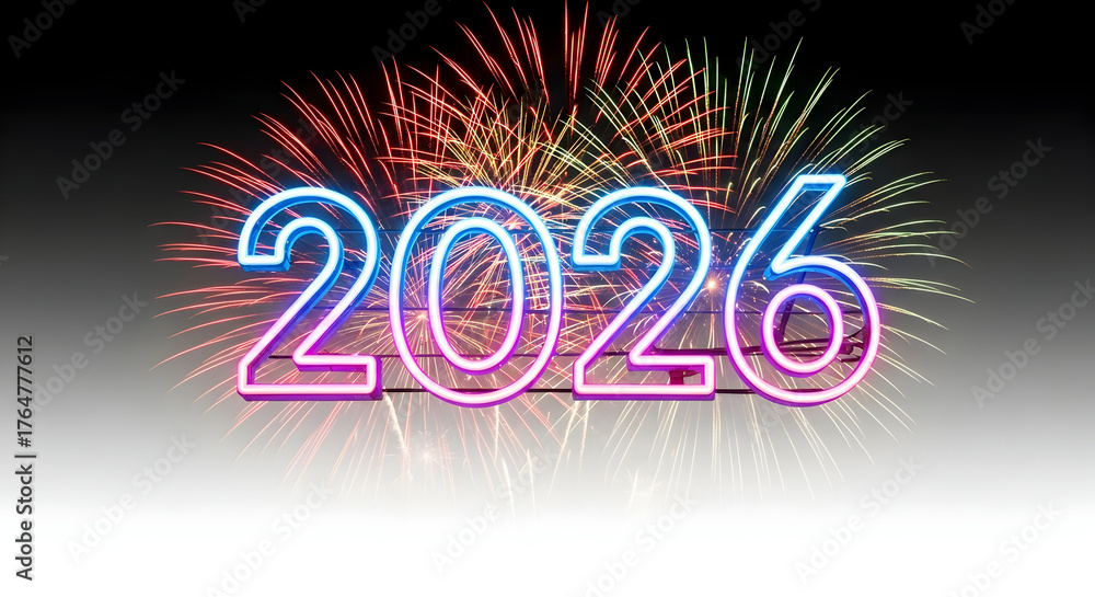 Obraz premium Neon 2026 Year Number With Fireworks Display new year