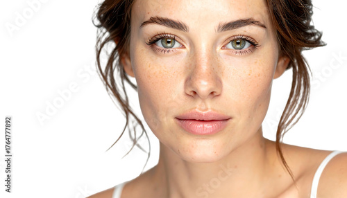 Close-up of a woman's face, showcasing soft skin and natural features against a black background