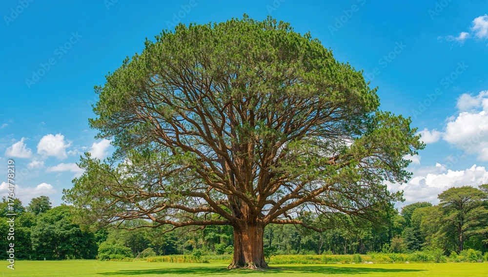 Fototapeta premium Looking up the trunk of a tall red cedar tree towards the sky filled with blue and green foliage.