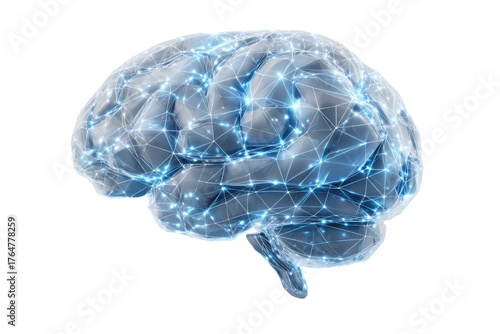 Transparent digital brain with glowing blue network connections on black background image, Isolated On Transparent Background, Png Cut Out