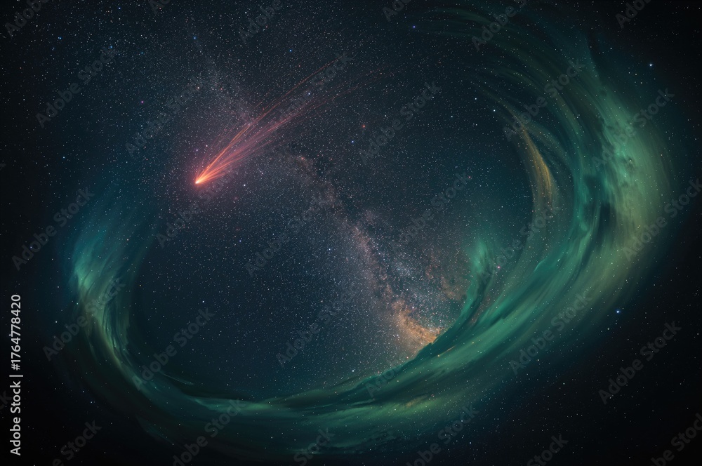Obraz premium Abstract fantasy digital artwork featuring meteors, star trails, and auroras in a nocturnal sky