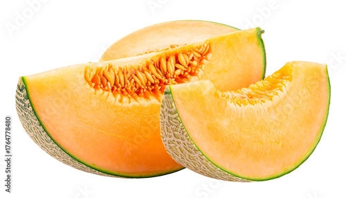 Close-up of cantaloupe fruit, featuring a halved melon with two cut wedges, revealing its orange flesh and seeds