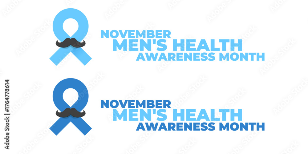 Obraz premium November Mens Health awareness month wide text banner with blue ribbon and moustache icon. Blue November is prostate cancer awareness month. November mens health month logo