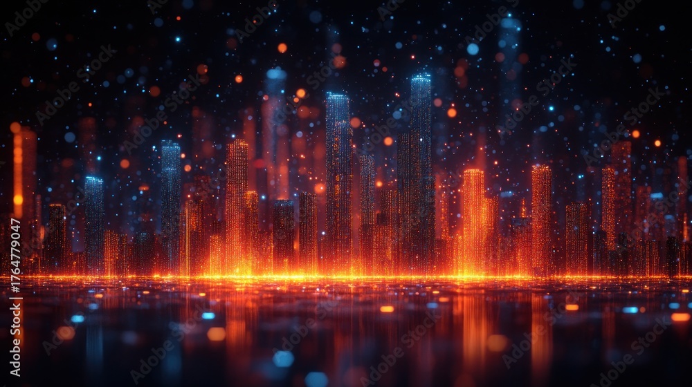 Fototapeta premium Futuristic city skyline, glowing orange and blue, particle effects