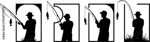 Fisherman Silhouette Vector – Man Fishing with Rod in Nature Scene, Vector illustration of a fisherman silhouette casting a fishing rod in nature. Perfect for outdoor, hobby, sport, and adventure