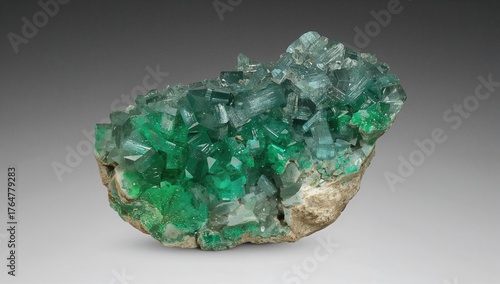Green and blue azurite crystals alongside chalcophyllite on a mineral matrix