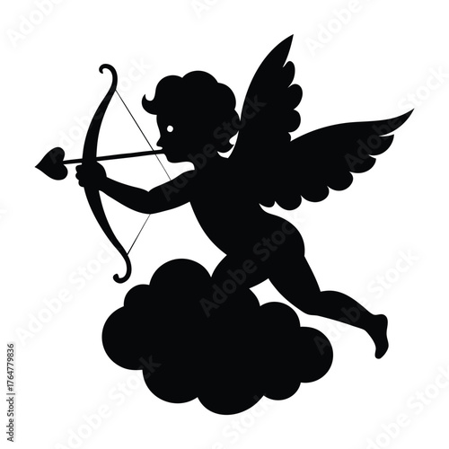 Cupid Flying with Bow and Arrow Valentine Silhouette