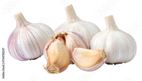 Close-up of garlic bulbs and cloves, displaying their textured skin and various sizes against a black background