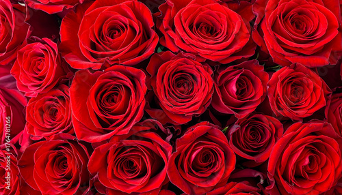 Close-up of many vibrant red roses arranged tightly together, showcasing their velvety petals and intricate floral patterns