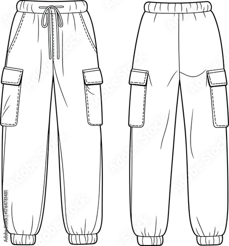 Men’s cargo pants vector illustration, fashion CAD technical flat sketch, elastic waistband drawstring, flap cargo pockets, tapered silhouette with ankle cuffs front and back