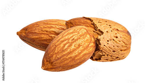 Close-up of three almonds, one cracked, with textured brown shells against a clean black background
