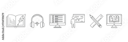 Education  learning  line  icon  set  and  webinar digital computer, book, pencilruler, customer, dashboard, course knowledge and online study collection.