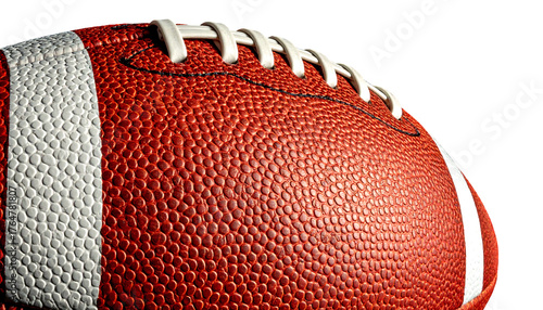 Close-up of textured American football, showing the laces and stripes against a dark background