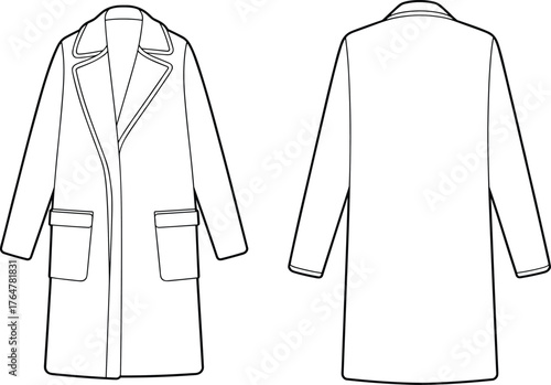Long coat technical flat sketch, vector fashion illustration with front and back view, notched lapel collar, patch pockets, hidden placket, garment construction drawing template