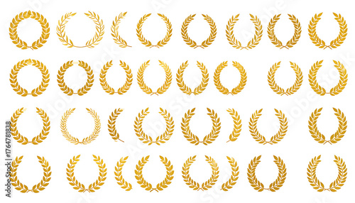 Golden laurel wreaths arranged in a grid on a black background, shining and shimmering with light