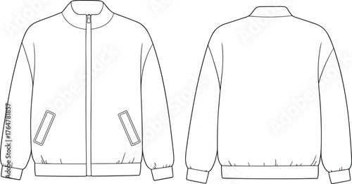 Men’s bomber jacket vector illustration, fashion CAD technical flat sketch, front zipper closure with ribbed collar, cuffs, hem, and welt pockets front and back