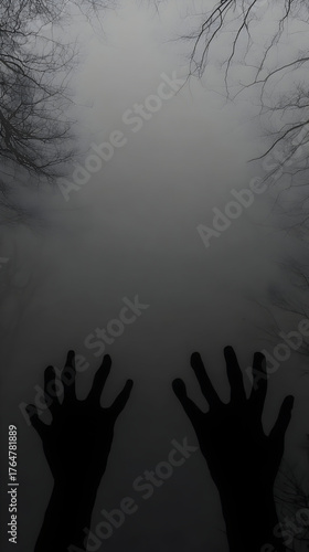 Dark Silhouette Hands Reaching Up Through Foggy Mist.