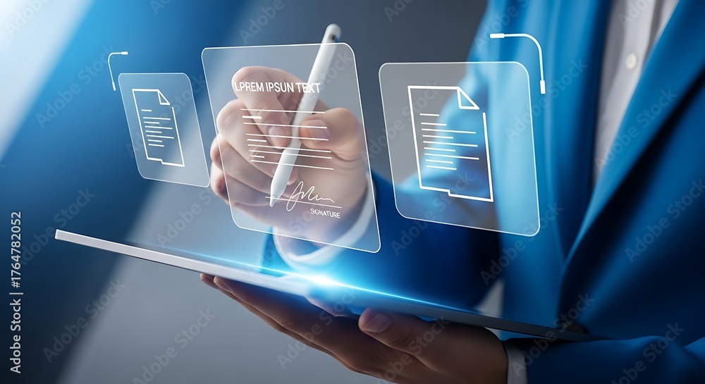 © SAYERA - Digital signature on tablet with floating document icons in blue light © SAYERA - Digital signature on tablet with floating document icons in blue light