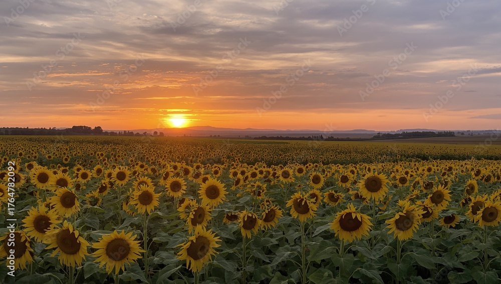 Obraz premium Sunset over a vast field of bright yellow sunflowers in the countryside