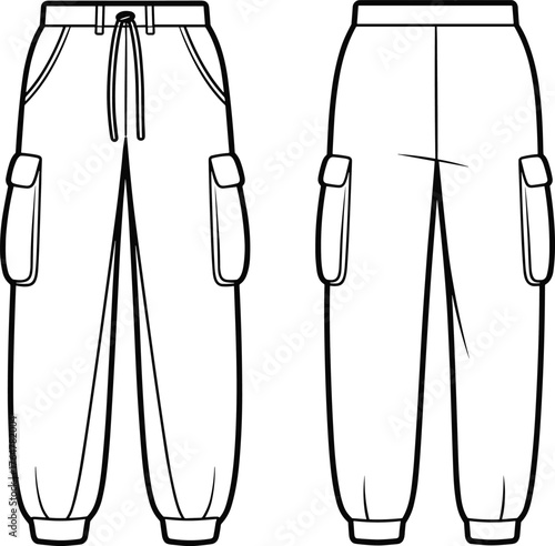 Men’s cargo jogger pants vector illustration, fashion CAD technical flat sketch, elastic waistband drawstring, side cargo pockets, tapered silhouette with ankle cuffs