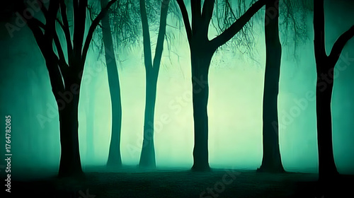 Eerie Forest Silhouette at Dusk with Mystical Green Haze.