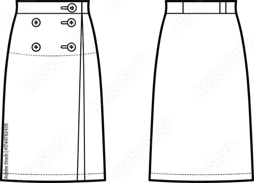 Women’s A‑line skirt vector illustration, fashion CAD technical flat sketch, high‑waisted double‑breasted button closure with pleat detail and clean back garment design