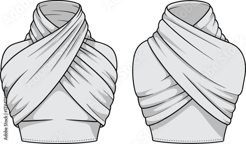 Women’s sleeveless wrap top vector, fashion CAD technical flat sketch, crisscross draped blouse with ruched and smooth variations, front garment construction illustration