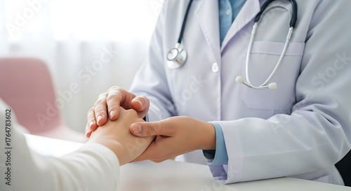 Doctor holding patients hand for support and encouragement during consultation