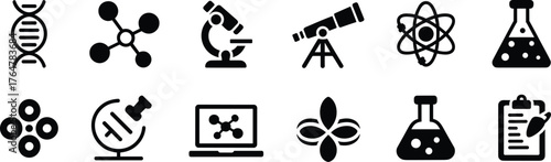 Scientific Research and Analysis Icon Set | DNA, Microscope, Atom, and Laboratory Equipment Symbols