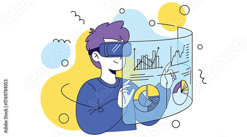 Vector art of a man wearing virtual reality glasses interacts with a digital interface displaying charts and graphs, he is immersed in data analysis