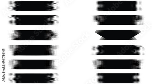 Vector art of a collection of halftone brush strokes in black, , perfect for adding texture and visual interest to designs and illustrations