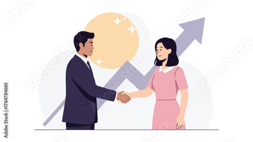 Business professionals shaking hands with upward trending graph symbolizing growth and success collaboration