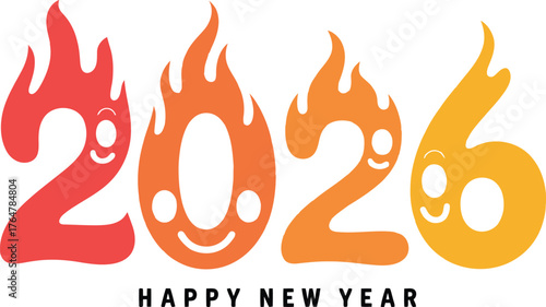 Happy new year 2026 text with fiery numbers and smiley faces
